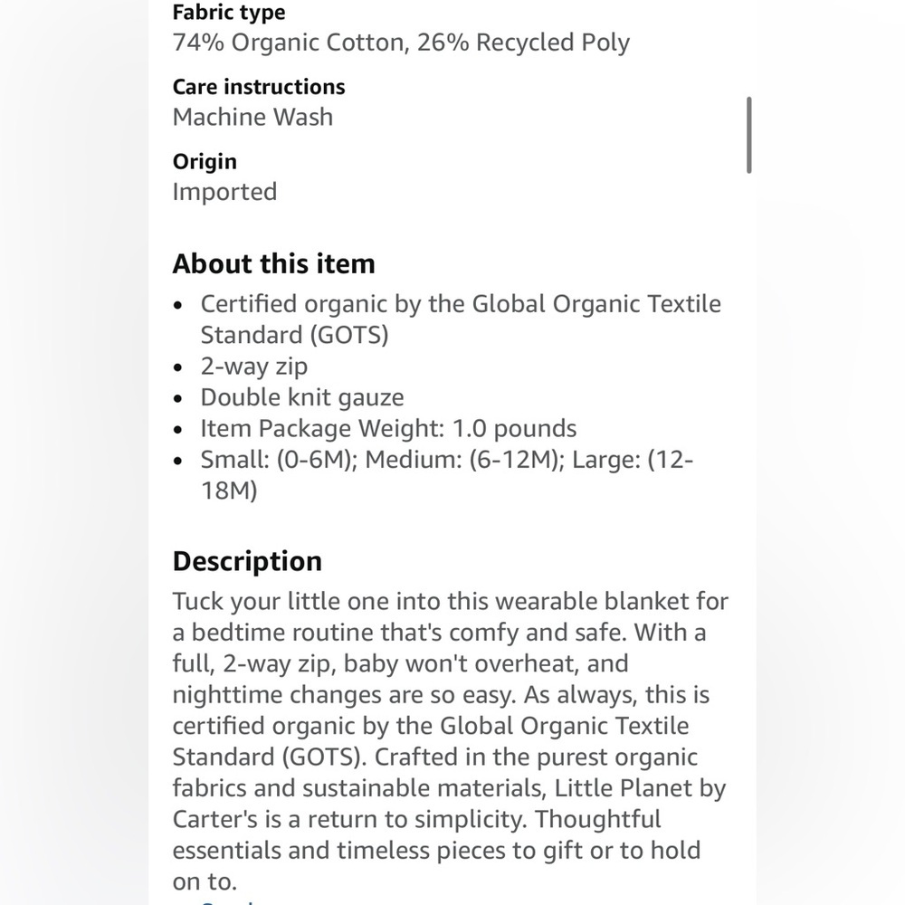 NWT Little Planet by Carter's Baby Organic Cotton Wearable Blanket- Size Medium - Picture 3 of 3